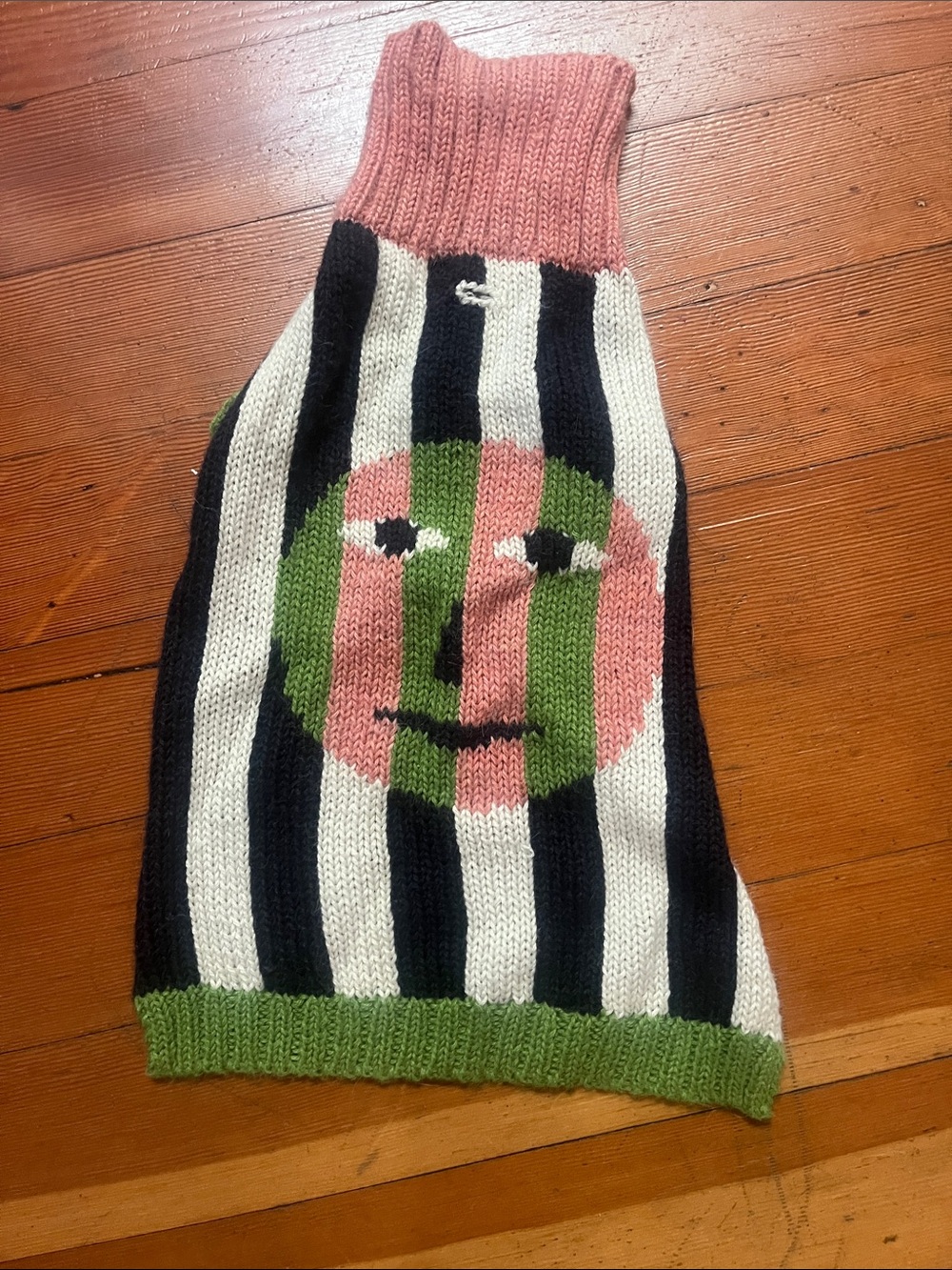 Dusen dusen Striped Knit Dog Sweater with Pink & Green Face Motif